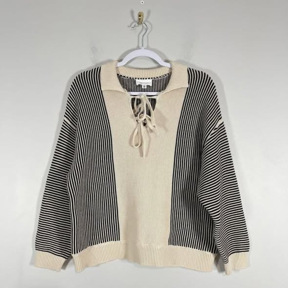 Heyson  Contrast Stripe Sweater Wms Medium Oatmeal Black Pullover Collar Capsule